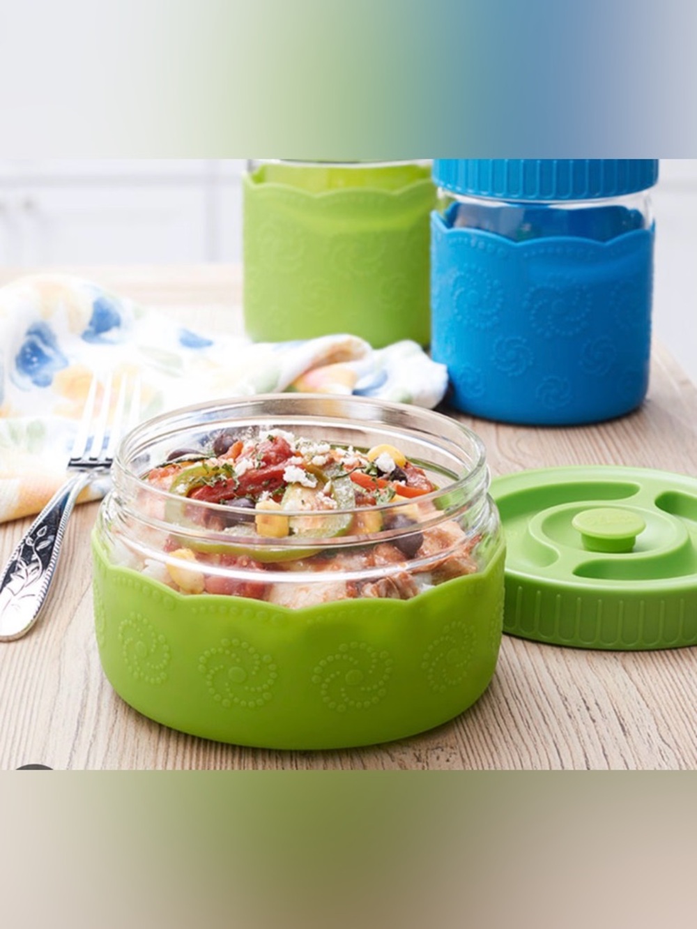 Princess House Green Glass Food Jar with Silicone Sleeve and Lid